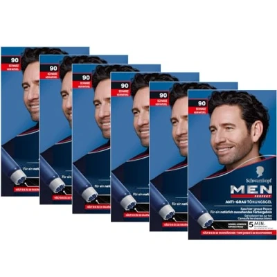 Abbildung von Men Perfect Anti Grau Tönungs Gel 90 Schwarz (6x 80 ml), Haarfarbe für Männer blendet graue Haare aus, Tönung ein natürlich aussehendes Ergebnis