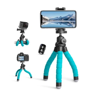 Abbildung von UBeesize Handy Stativ, Mini Stativ für Smartphone und Kamera, Tripod iPhone mit Bluetooth Ständer Wireless Fernbedienung Reisen (Blau)