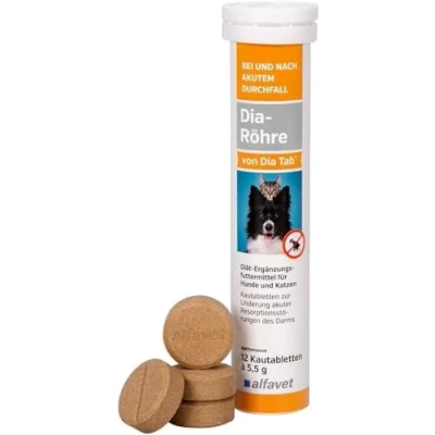 Abbildung von Alfavet Dia Röhre von Tab, Diät Ergänzungsfuttermittel für Hunde und Katzen, Kautablette gegen Durchfall, Erbrechen, 12 x 5,5g