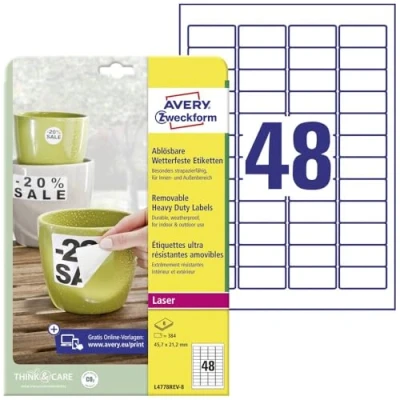 Abbildung von AVERY Zweckform L4778REV 8 Wetterfeste Folienetiketten (384 Aufkleber, 45,7x21,2mm auf A4, selbstklebend, wasserfest, wiederablösbar, strapazierfähig, bedruckbare Outdoor Klebefolie) Blatt, weiß
