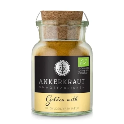 Abbildung von Ankerkraut Golden milk, krydderi til gylden mælk, med gurkemeje, kanel og ingefær, 85g i glas korklåg