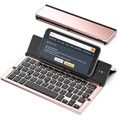 Abbildung von booxi Geyes Faltbare Bluetooth Tastatur, Kabellose Minitastatur, Tragbar USB Wiederaufladbar Mini Funktastatur, Tri fold Keyboard für iOS,Android,Windows,Tablet,PC,Laptop,Smartphone(Roségold)