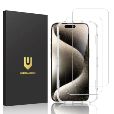 Abbildung von UNBREAKcable 2 Stück Panzer Schutz Glas für iPhone 15 Pro 6,1&quot;, Schutzfolie Apple Pro, 9H Härte Panzerfolie, 99,99% HD Displayschutzfolie, Einfache Installationshalterung, Blasenfrei