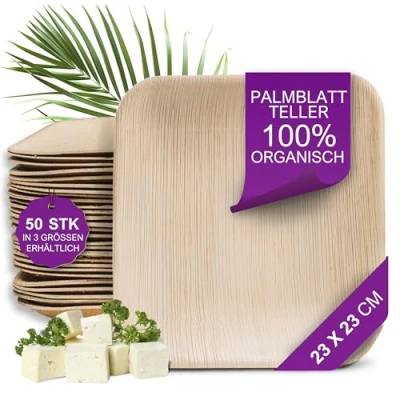 Abbildung von Waipur Bio Palmblatt Teller 50 Einwegteller eckig 23x23 cm Premium Einweggeschirr kompostierbar Umweltfreundliche Party ähnl. Einweg Bambus Geschirr