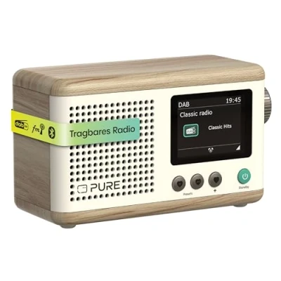 Abbildung von Pure Classic Mini Tragbares Digitalradio DAB+ &amp; UKW Radio Bluetooth 5.3 15 Stunden Akkulaufzeit 2 Equalizer Optionen 2,4 Zoll Farbdisplay Trageband Baumwoll Weiß/Eiche Kompakt leicht