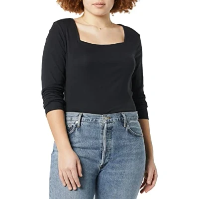 Abbildung von Amazon Essentials Damen T Shirt Mit Langen Ärmeln Und Eckigem Ausschnitt Schmaler Passform, Schwarz, XS