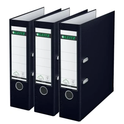 Abbildung von Leitz Qualitäts Ordner 180 Plastik, 3er Pack, das Original, A4 Aktenordner 8 cm breit, 90% Recycling Karton, 30% Pre Consumer Kunststoff, Mechanik, 600 Blatt, Schwarz, 310335095