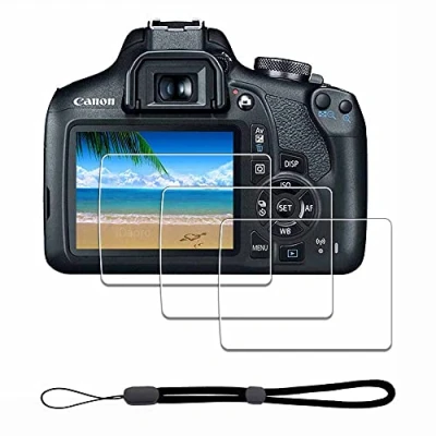 Abbildung von iDaPro Displayschutz schutzfolie für Canon EOS 2000D 1300D 1200D / Rebel T7 T6 T5 + Handschlaufe [3+1 Stück] Schutzglas Tempered Glass Screen Protector 9H Härte Gehärtetes Glas
