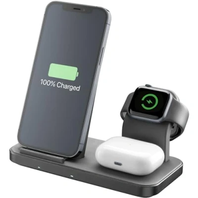 Abbildung von Cellularline Netzwerk Ladegerät Kabelloser 3in1 Ladeständer für Apple Geräte iPhone mit 7,5 W Output Wireless Laden AirPods