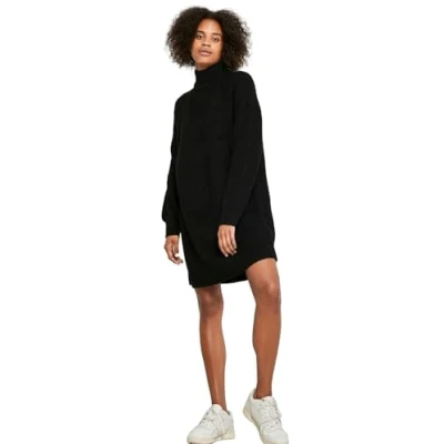Abbildung von Noisy May Damen Langarm Strickkleid Regular Fit Mini Pullover Dress Rundhals Stehkragen Shirt NMTIMMY, Farben:Schwarz, Größe:S