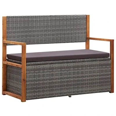 Abbildung von vidaXL Akazienholz Massiv Bank mit Stauraum Sitzbank Gartenbank Gartentruhe Truhenbank Kissentruhe Kissenbox Auflagenbox 115cm Poly Rattan Grau