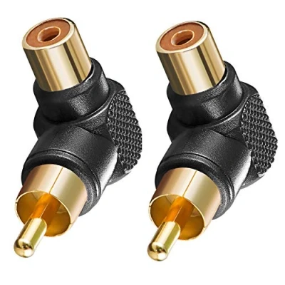 Abbildung von BestPlug 2 Stück RCA L R Audio Adapter Verbindungsstück, Cinch Stecker männlich auf Buchse Kupplung weiblich 90 abgewinkelt, vergoldet, Schwarz