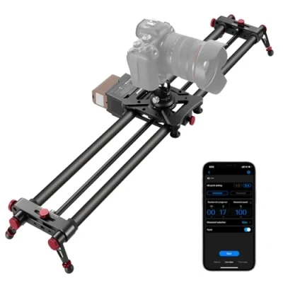 Abbildung von NEEWER 80cm motorisierter Kamera Slider, Drahtlose App Steuerung, Kohlefaser DSLR Dolly Slider mit 4400mAh F750 Akku (Ladegerät nicht inklusive), unterstützt Video Modus, Zeitraffer Fotografie, ER1 80