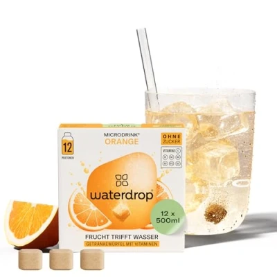 Abbildung von waterdrop® Microdrink Limonade: Orange, 12 Drops Würfel, zuckerfreies Getränkpulver, fruchtige Sorte, Frucht und Pflanzenextrakten, mit wertvollen Vitaminen, Wasserzusatz