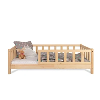 Abbildung von Kinderbett Bett mit Rausfallschutz 90x190cm Latternost Bettgestell aus Kiefer Holz für Haus Kinder Jungen &amp; Mädchen Holzbett Baby Kinderzimmer Junge Deko