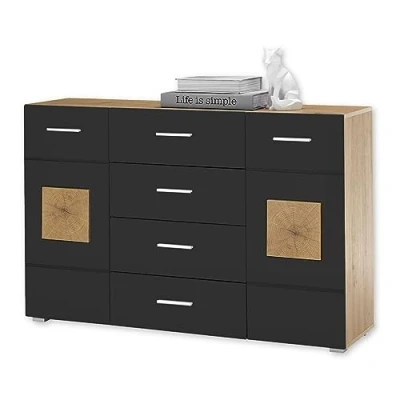 Abbildung von DEINE TANTE EMMA 36 191 V2 Georgia Artisan Eiche Nb. / Schwarz Kommode Sideboard Beistellkommode mit Schubladen und 2 Türen ca. 140 x 92 40 cm