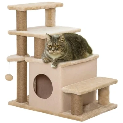 Abbildung von PawHut Haustiertreppe 3/4 stufige höhenverstellbare Hundetreppe (Katzentreppe, 1 St., Hunderampe), Aufstiegshilfe für Katzen bis 5 kg, Beige