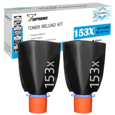 Abbildung von TOPRINT 153X W1530X ( 153A W1530A ) Kompatible Toner Reload Kits Tonerpatronen Hochkapazität 5000 Seiten 2 Schwarze für Drucker 1504 1504w 2504 2504dw 1604 1604w 2604 2604dw 2604sdw 2606dw