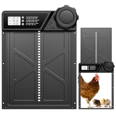 Abbildung von MASTERFUN Große Automatische Hühnerklappe Batterie, Aluminum Automatisch mit Wasserdicht Großes Display, Timer, Manuelle, Intelligenter Einklemmschutz Elektrische Hühnertür