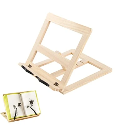 Abbildung von Verstellbare Holz Kochbuch Halterung mit Seitenhalter. Buchhalter Leseständer Kleine Lese, Musik, Kochbücher, iPads und Tablets.