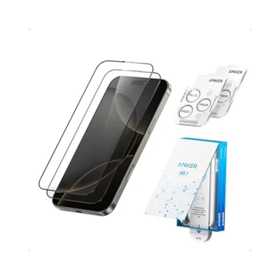 Abbildung von Anker HD Display und Linsenschutz für iPhone16 Pro Max (2er Pack),17,5cm ultra dünn, robust, transparentes gehärtetes Glas, schnell einfach anzubringen, kratz stoßfest,12 Monate Garantie