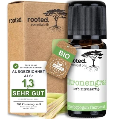 Abbildung von rooted.® BIO Zitronengrasöl 10ml [100% NATURREIN] Echtes Lemongras Ätherisches Öl für Aromatherapie, Duftlampe, Diffusoren, Raumduft, Duftkerzen und Seifen