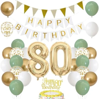 Abbildung von 80. Geburtstag Dekoration Salbeigrüne, Grün Gold Luftballon Deko mit Zahl 80 Folienballon, Happy Birthday Banner, Tortendeko für Frau Mann