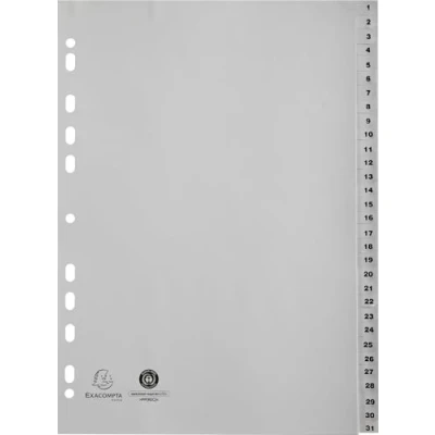 Abbildung von Exacompta 1931E Kunststoff Register 1 31 für DIN A4 aus recyceltem teilig volle Höhe 21 x 29,7 cm grau mit bedruckten Taben Universallochung Blauer Engel Trennblätter Trennstreifen