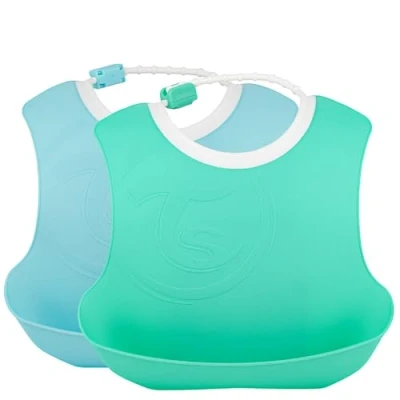 Abbildung von Twistshake 2 Stück Baby Silikon Wasserdicht Lätzchen mit Auffangschale, Kindsgut Silikonlätzchen für Babys und Kleinkinder, Abwaschbar Leicht zu Reinigen, ab 4 Monate, Pastellblau Pastellgrün