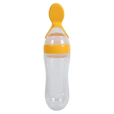 Abbildung von Silikon Babyflasche mit Löffel, 90ml Kindernahrungsflasche, Reispastenlöffel geeignet für die Fütterung von Halbflüssigen Lebensmitteln, wie Getreide, Milch und Congee (gelb)