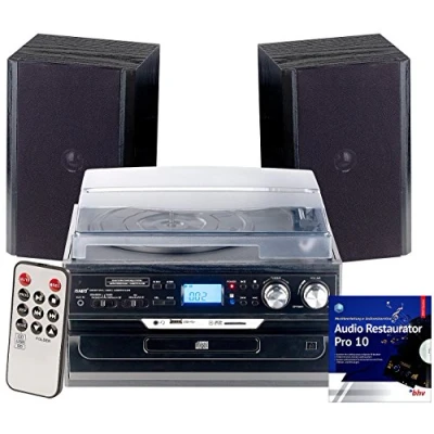Abbildung von auvisio Kassetten digitalisieren: 5in1 Plattenspieler mit Bluetooth und Digitalisier Funktion, 40 Watt (Stereoanlagen, MP3 Plattenspieler, Kassettenrekorder)
