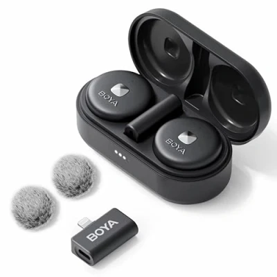 Abbildung von Boya Omic D Kabelloses Mikrofon für iPhone, MFi Zertifiziert, Geräuschunterdrückung, magnetischer Clip, Ansteckmikrofon mit kabelloser Ladehülle und 50 m Übertragung iPad, Schwarz