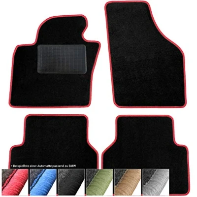 Abbildung von moto MOLTICO Fußmatten Auto Velours Autoteppiche Schwarz Automatten Set 4 teilig passend für BMW 5er E39 1996 2003 (Rote Ziernähte)