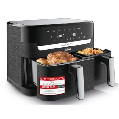 Abbildung von Tefal Dual Easy Fry Heißluftfritteuse Doppelkammer, 5,2/3,1 L Fassungsvermögen, zwei unabhängige Schubladen, 7 automatische Programme, energiesparend, schwarz, EY9018
