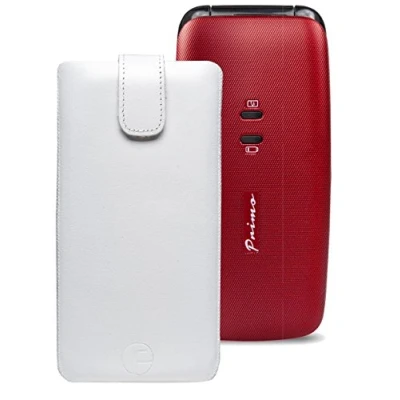 Abbildung von Original Favory Etui Tasche für / DORO Primo 401 Leder Handytasche Ledertasche Schutzhülle Case Hülle *Speziell Lasche mit Rückzugfunktion* in weiss