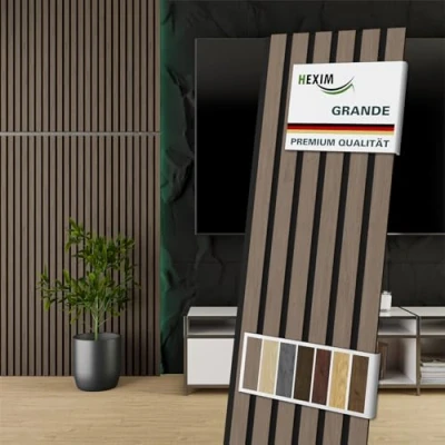 Abbildung von HEXIM Akustikpaneele Holz 140x30cm Grande 4er Set (1,681m²) Holzpaneele Wandpaneele 21mm Schalldämmung MDF Akustikfilz Wandverkleidung Braun American Walnut