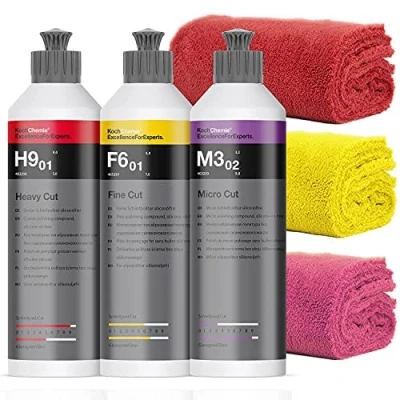 Abbildung von Koch Chemie Politur Bundle: KochChemie Heavy Cut H9.01 250ml + Micro M3.02 Fine F6.01 3x detailmate Mikrofasertuch 550GSM