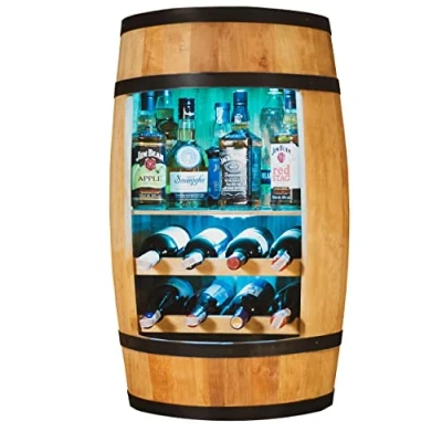 Abbildung von CREATIVE COOPER Weinregal Weinschrank Mini Bar Alkohol Schrank mit LED Weinfass Fass Weinbar Fassbar Barschrank 80cm hoch Retro deko Regal Hausbar Theke Fassmöbel Eiche