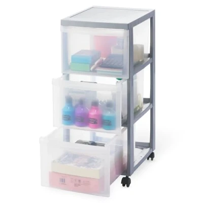 Abbildung von Iris Ohyama Kunststoff Schubladenbox mit Rollen, 3 tiefen Schubladen, Silber, Griffe zum Ziehen, Für Schlafzimmer, Bad, Schule &amp; Büro, BPA frei, Schubladenschrank, Rollcontainer, A4 Drawer, DC 303