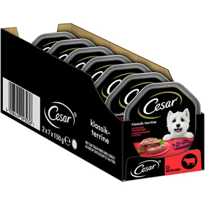 Abbildung von Cesar Adult Hundenassfutter Klassik Terrine mit saftigem Rind und Leber, 14 Schalen, 14x150g Premium Hundefutter nass, ohne Zuckerzusatz, künstliche Aroma oder Farbstoffe
