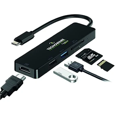 Abbildung von Tecnoware Hub USB Type C, Adapter 5 in 1, kompatibel mit Notebook und den meisten Tablets Smartphones; Ports: 2.0 3.0, HDMI 4K, Card Slot SDXC, Mikro SD,