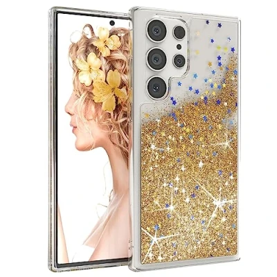 Abbildung von EAZY CASE Hülle kompatibel mit Samsung Galaxy S23 Ultra Schutzhülle Flüssig Glitzer, Handyhülle, Schutzhülle, Back Cover Glitter Flüssigkeit, TPU/Silikon, Transparent/Durchsichtig, Gold