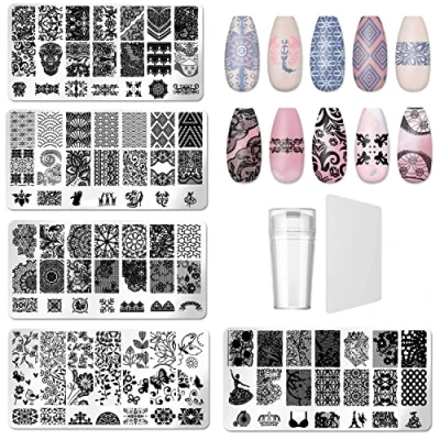 Abbildung von Nagel Schablone Stempel Set, 5 Stück Nail Stamping Plate mit 1 Transparent Stempel, Schaber, Art Tool für Frauen Mädchen