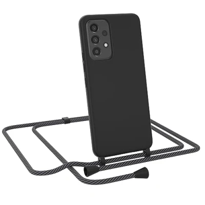 Abbildung von EAZY CASE Premium Silikon Handykette kompatibel mit Samsung Galaxy A53 5G Handyhülle Kette und Kameraschutz, weich TPU Hülle in Schwarz Kordel Anthrazit Clips Black