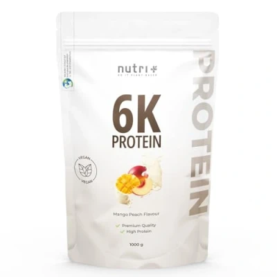 Abbildung von Nutri + Protein Pulver Mango Peach 1 kg hochdosiertes Proteinpulver Pfirsich mit 6 Komponenten veganes Proteinisolat Eiweißkonzentrat 1000 g