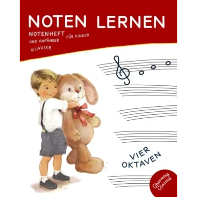 Abbildung von Notenheft. Noten lernen für Kinder und Anfänger. Klavier. Vier Oktaven.