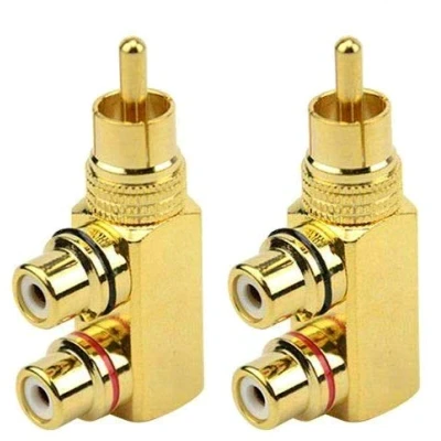 Abbildung von Gebildet 2pcs Männlich zu 2Weiblich Cinch Splitter Adapter,90 Grad Rechtwinkliger Stecker auf 2Cinch Buchsen,Audio Video Adapter,Vergoldeter Metallstecker