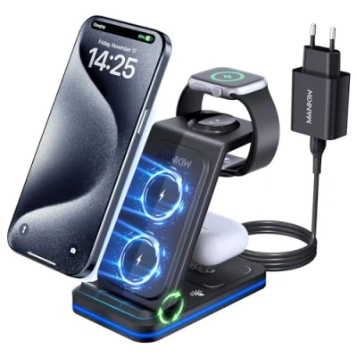 Abbildung von MANKIW Ladestation für iPhone, 3 in 1 iPhone und iWatch,Kompatibel mit 15/14/13/12/11/X Serie, Apple Watch 7/6/5/4/3/2/SE, AirPods 3/2/Pro