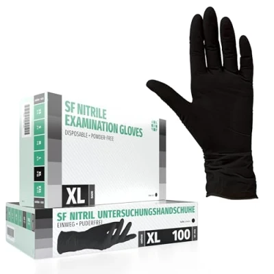 Abbildung von SF Nitrilhandschuhe XL Schwarz 100 Stück Einweghandschuhe, Einmalhandschuhe, Puderfrei, Latexfrei, Gummihandschuhe Einweg zum Kochen, Putzen, für Medizin, Küche, Garten, Werkstatt, Tattoo, Haushalt