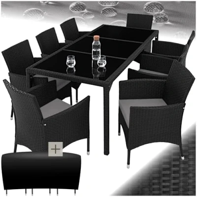 Abbildung von tectake® edles Outdoor Gartenmöbel Set Rattan Sitzgruppe mit Sessel und Tisch für 8 Personen, inkl. Schutzhülle Polstern, Balkon Möbel wetterfest schwarz/grau
